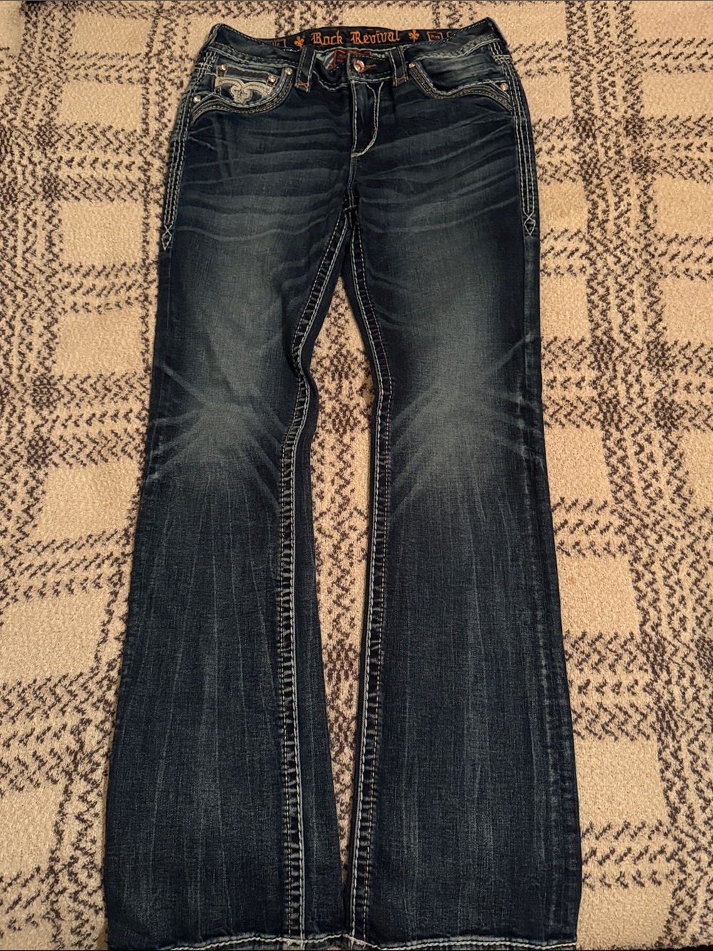 Rock Revival Dark Blue Flare Jeans with Contrast Stitching